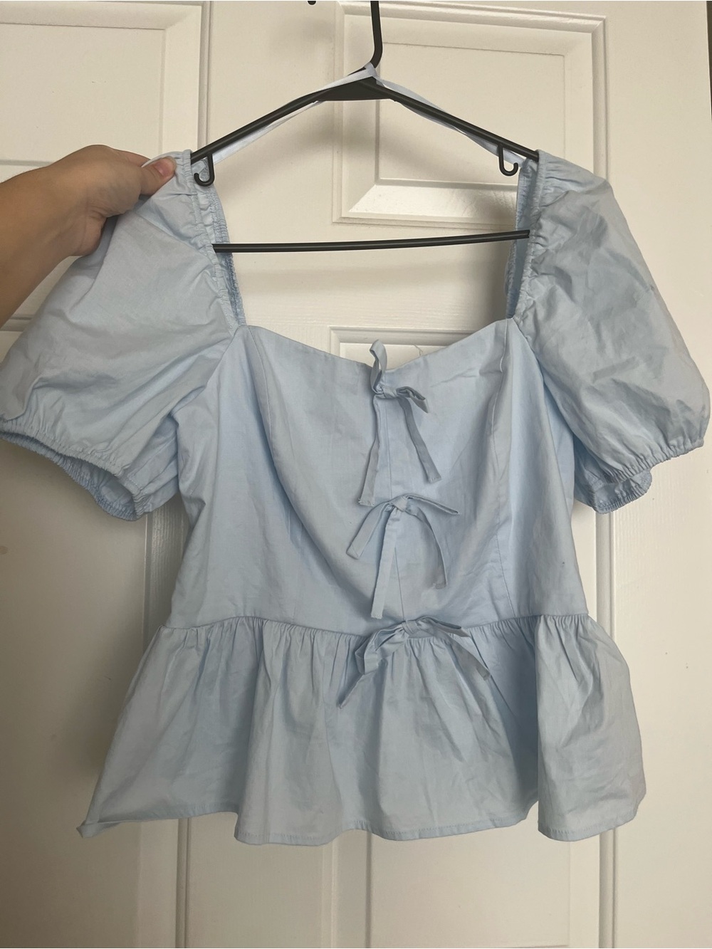 Francesca's Collections Light Blue Puff Sleeve Peplum Blouse with Front Ties